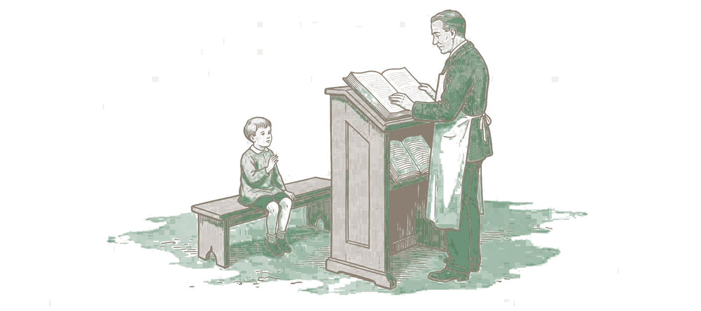 Woodblock print: a teacher standing behind a tall lectern reading from one open book on top of it, while a second open book lies hidden on a shelf under the lectern's lip, visible to us but not to the small student sitting on a bench in front with a hand raised.