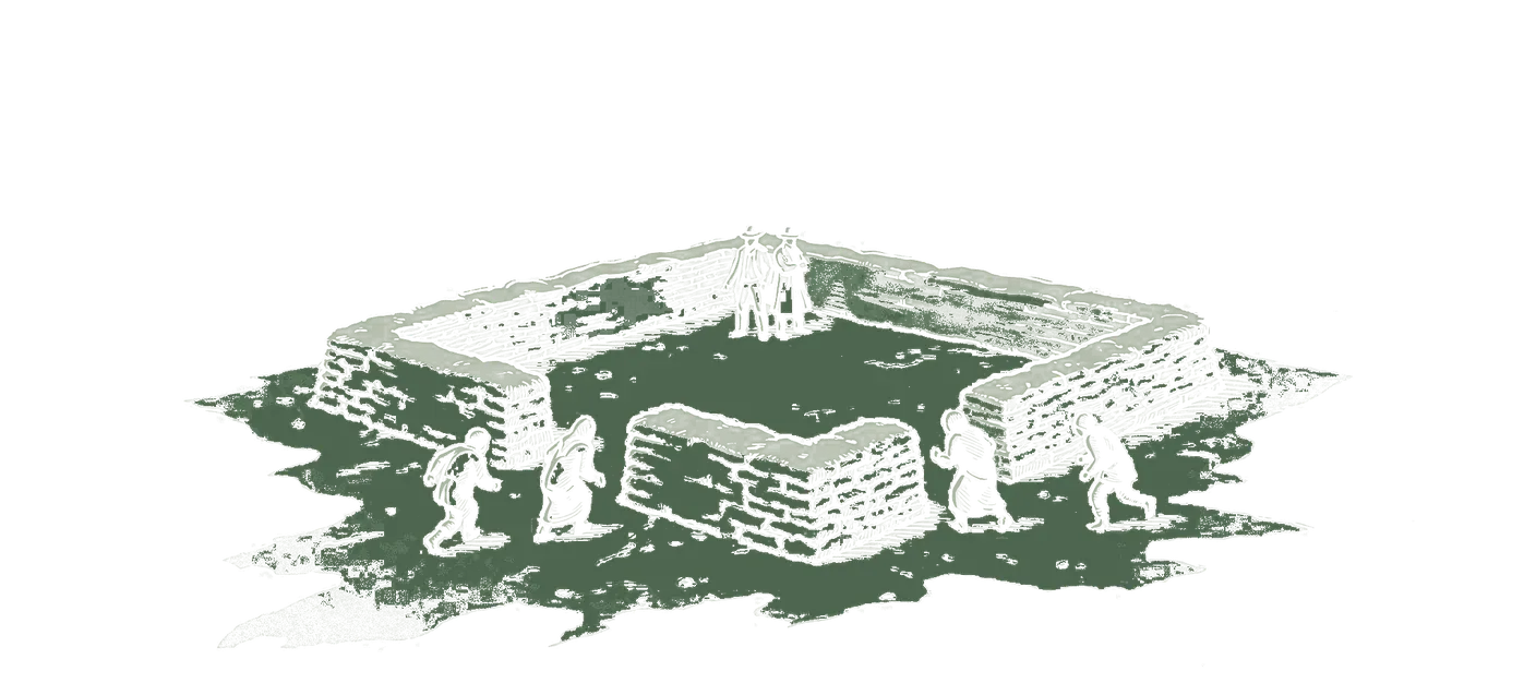 Woodblock print: a low square enclosure of turf walls on bare ground, seen from a little above: inside it, two small figures stand back to back in one corner while five shambling figures close in on them from the other sides; nothing else in the frame.
