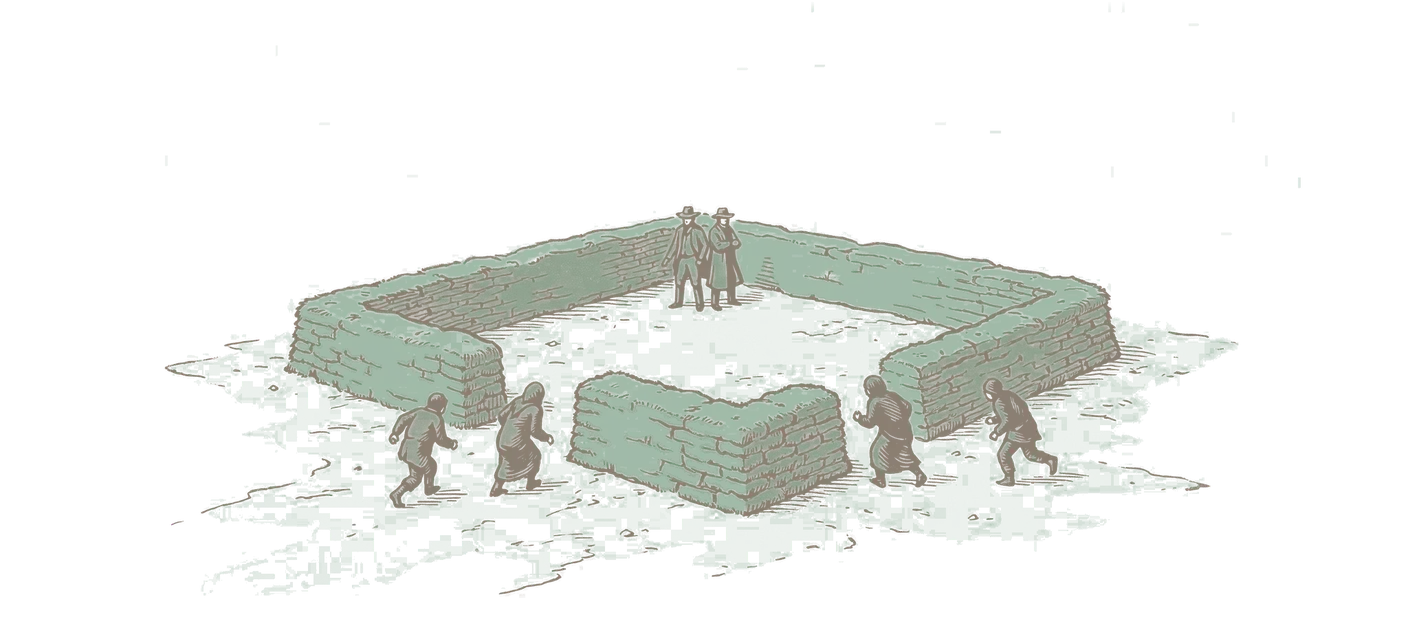 Woodblock print: a low square enclosure of turf walls on bare ground, seen from a little above: inside it, two small figures stand back to back in one corner while five shambling figures close in on them from the other sides; nothing else in the frame.